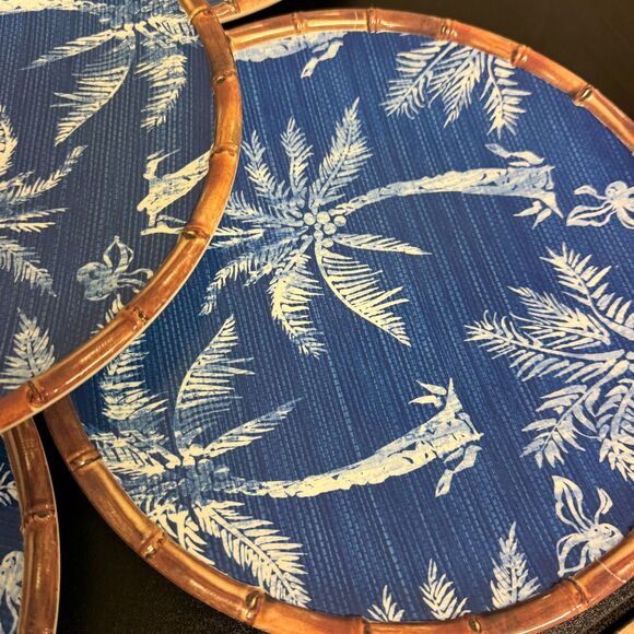 Members Mark Tropical Ikat Melamine Plate Set of 5 Blue Palm Tree Bamboo Trim - Picture 3 of 9